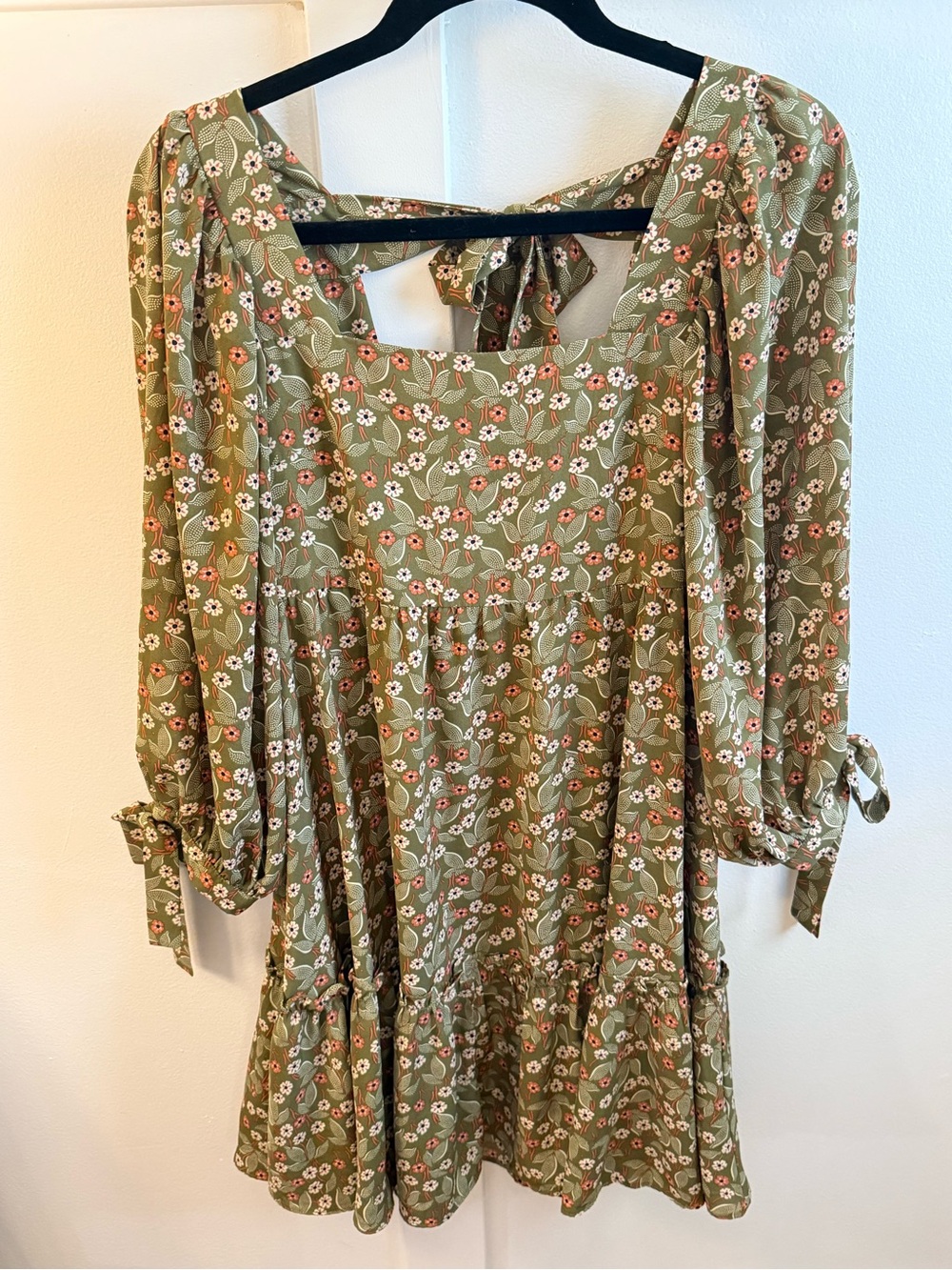 Olive Floral Boho Midi Dress with Tie Neck